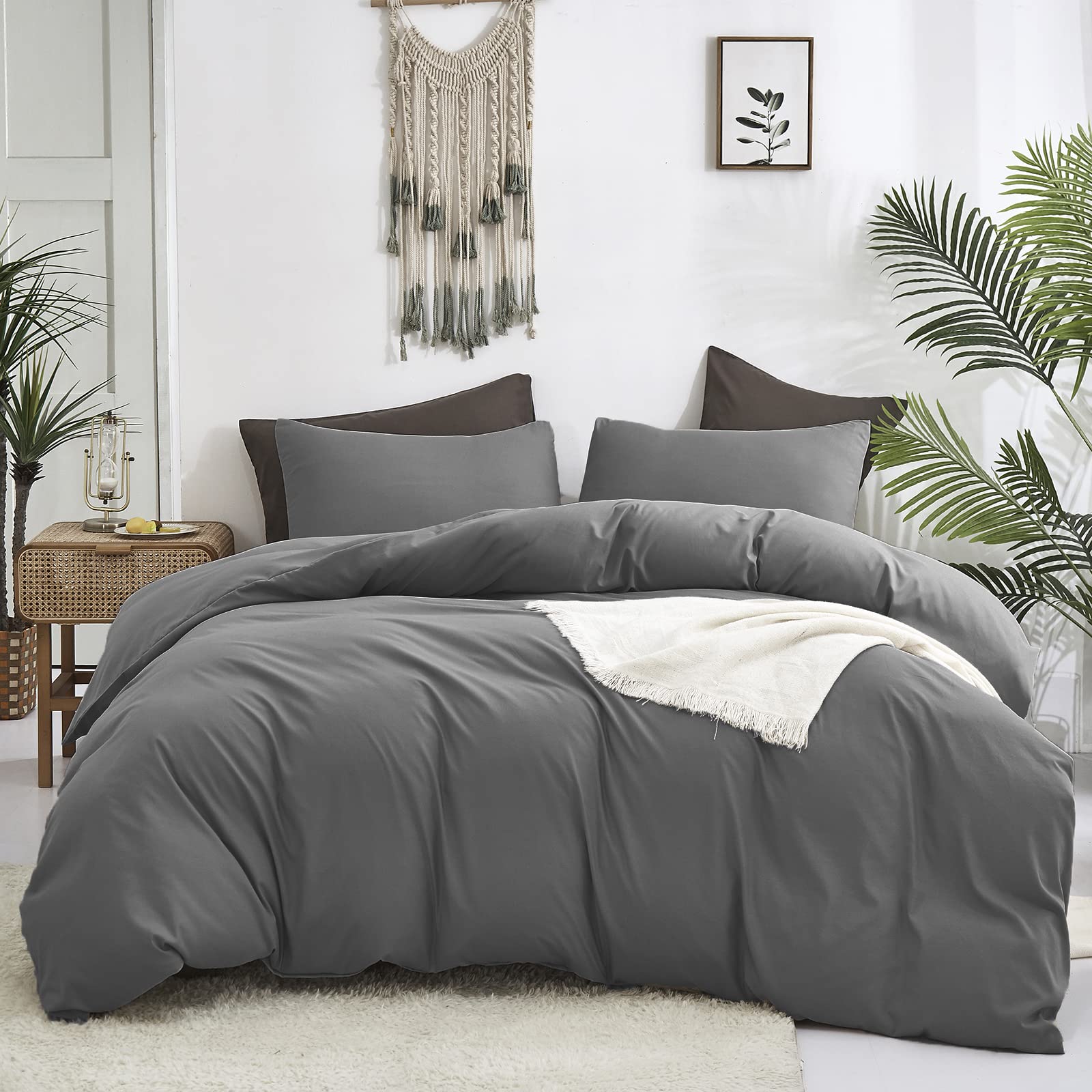 Luxlovery Grey Comforter Set Queen Men Dark Grey Comforter Bedding Sets Full Minimalist Solid Breathable Soft Charcoal Gray Quil